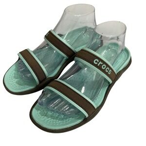 Crocs Patra Womens 8 Aqua Blue Brown Double Strap Slide Sandals Comfortable